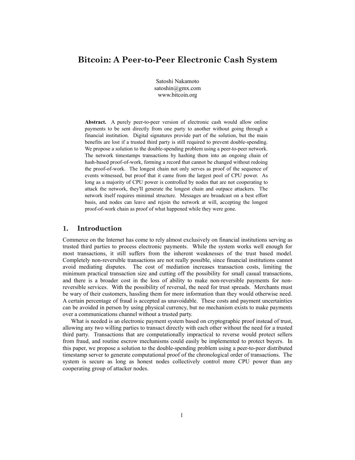 Bitcoin white paper first page